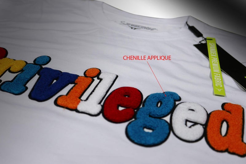 SCREENSHOTBRAND-S11942 Mens Hip-Hop Fashion Premium Tee Privileged Chenille Patch Applique T-Shirt-White-Medium - Image 2